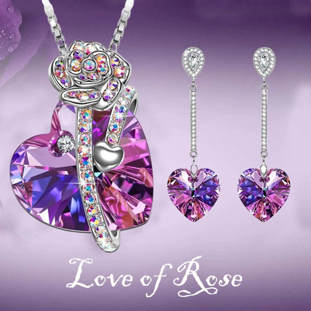 NEW! Beautiful 1/2 Pcs Crystal Rose Heart Necklace Pendant & Heart Earrings Set
